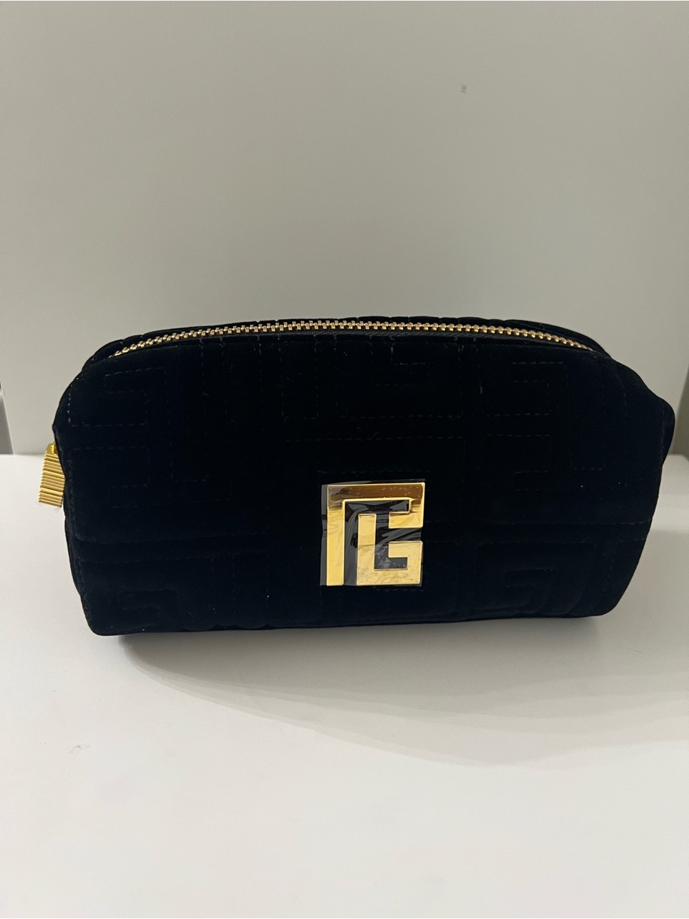 Balmain Black Quilted Velvet Cosmetic Pouch with Gold Hardware